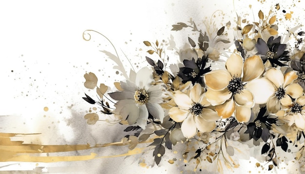 bloemige aquarel achtergrond met zwarte en witte bloemen