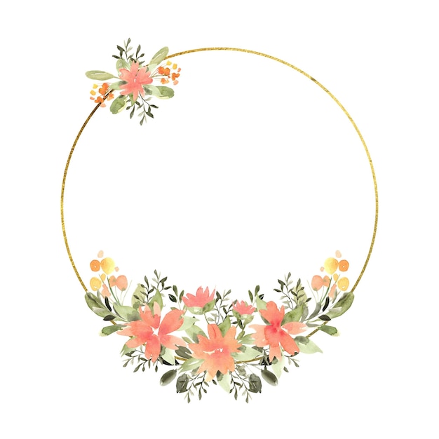 Bloemige aquarel ronde frame met oranje gele bloemen en groen frame met gouden textuur