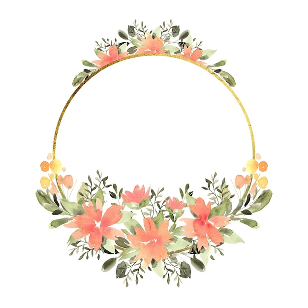 Bloemige aquarel ronde frame met oranje gele bloemen en groen frame met gouden textuur