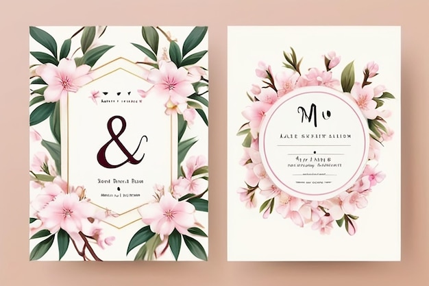 Bloemige bruiloft uitnodiging kaart sjabloon ontwerp Somei Yoshino sakura bloemen met bladeren met ampersand lettering op wit