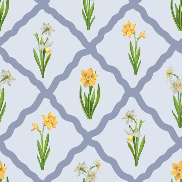 Bloemige narcissen naadloos waterverf patroon Eenvoudige vintage lente bloemige achtergrond met geometrische