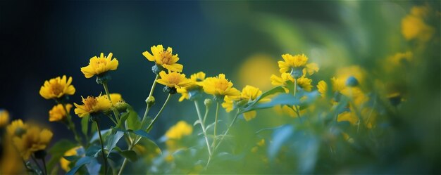 Bloemige zomer lente achtergrond banner Gele bloemen close-up in een veld op blauwgroene achtergrond