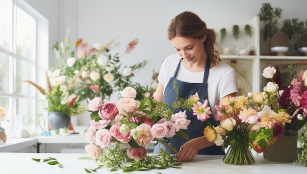 Bloemist die mooi boeket maakt in bloemenwinkel Bloemisterijconcept