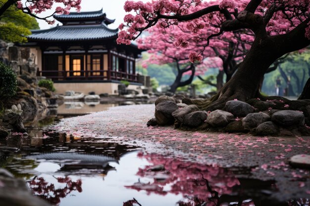 Bloemkers in de rustige Japanse Zen Jardim generatieve IA