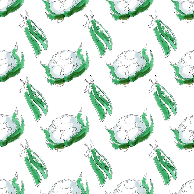 Bloemkool en groene erwten op een witte achtergrond Naadloze patroon Illustratie door markeringen Verse groenten