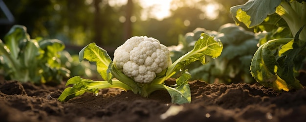 Foto bloemkool ligt op de tuin grond achter licht bloemkool veld