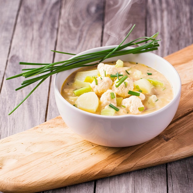 Bloemkool, parsnip, aardappel, selleriesoep met schib in een witte keramische schaal op een houten achtergrond