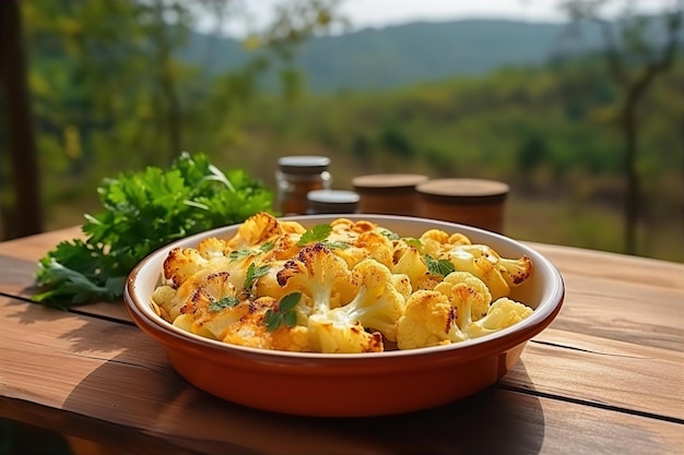 Bloemkoolgratin met knapperige kaas voor de lunch op de houten tafel en natuurweergave op de achtergrond