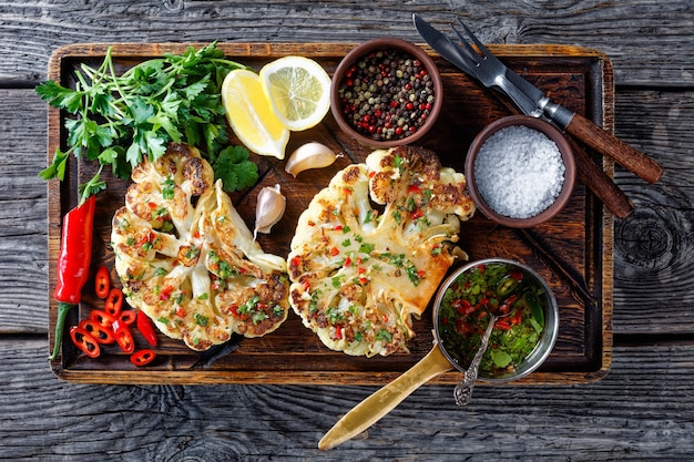 Bloemkoolsteaks op een houten snijplank bestrooid met de salsa van chili, rode azijn, knoflook en koriander