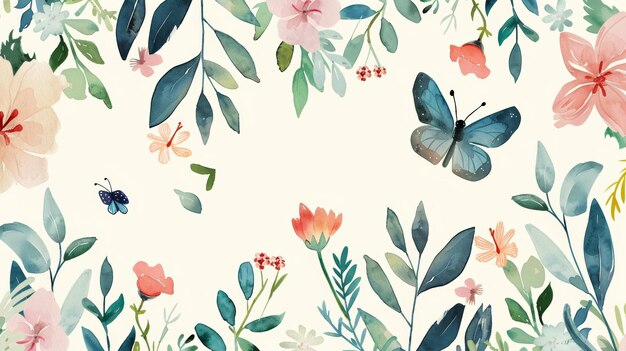 Bloemkunst achtergrond moderne illustratie met de hand geschilderde aquarellen botanische bloemen bladeren insecten vlinders geschikt voor behang posters banners kaarten afdrukken web en verpakking