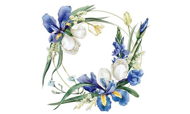 Bloemlijke schoonheid bloemen paarse iris witte tulp groene bladeren witte achtergrond bruiloft uitnodiging cirkel frame vector illustratie ontwerp sjabloon groeten kaart