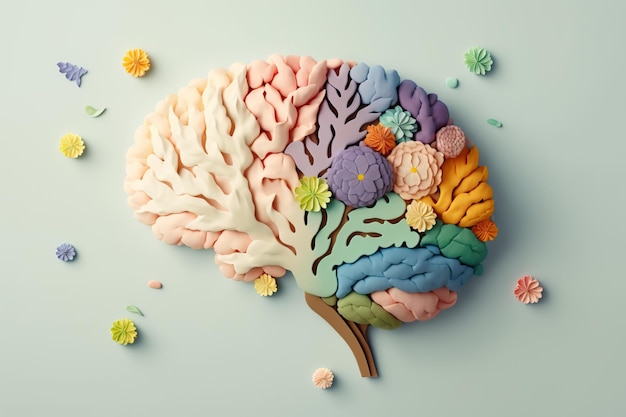 Bloemmodel van de anatomie van het menselijk brein op pastel achtergrond Generatieve AI illustratie