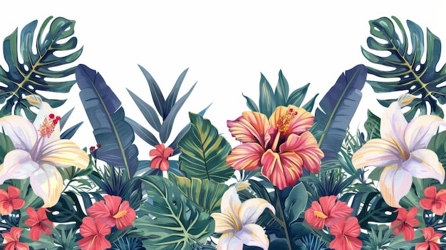 Foto bloempatroon met een naadloze botanische rand omringd door bladeren en bloemen modieuze arrangementen met tropische bladeren