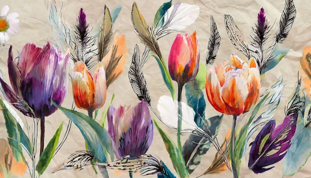 Bloempatroon met tulpen pastel aquarel illustratie Horizontale brede ondertitel cover copy s