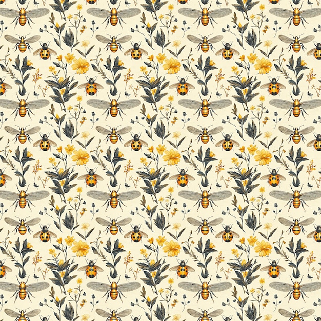 Bloempatroon van bijen en lieveheersbeestjes
