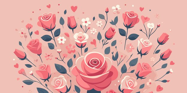 Bloemrijke achtergrond met roze rozen en harten Valentijnskaart bloemrijke behang Vector illustratie