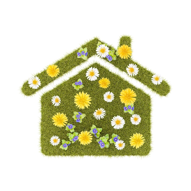 Bloemrijke Met Gras Begroeide Huis Symbool Vorm Geïsoleerd