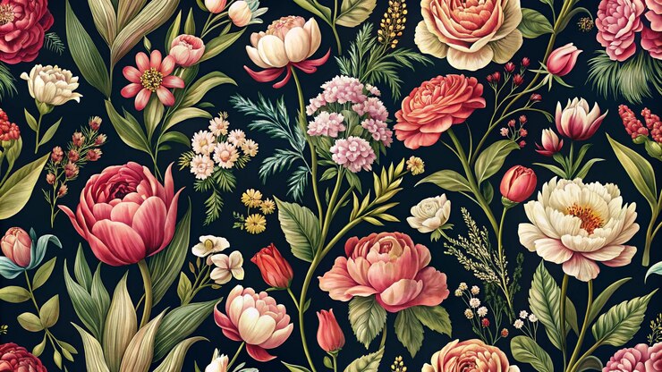 Foto bloemvintage naadloos patroon bloeiende pioenen rozen tulpen tuinbloemen decoratieve kruiden bladeren op zwarte achtergrond voor decoratie verpakking interieur stof textiel
