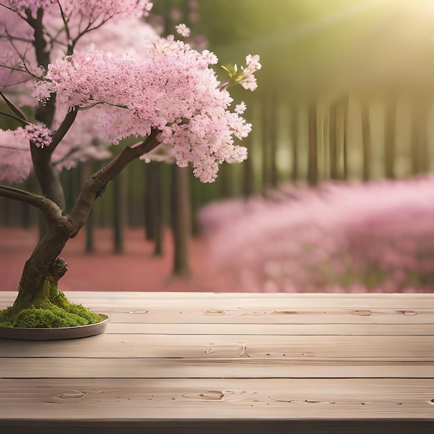 Bloesem kersenboom achtergrond met lege houten tafel voor productweergave lente natuur