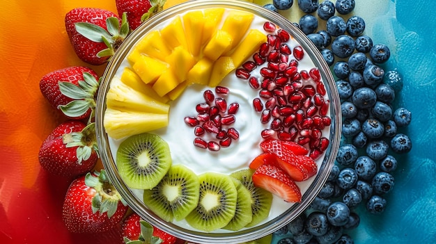 Blog post of a fruit bowl yogurt in the middle sliced mango pineapple circles kiwi strawberries