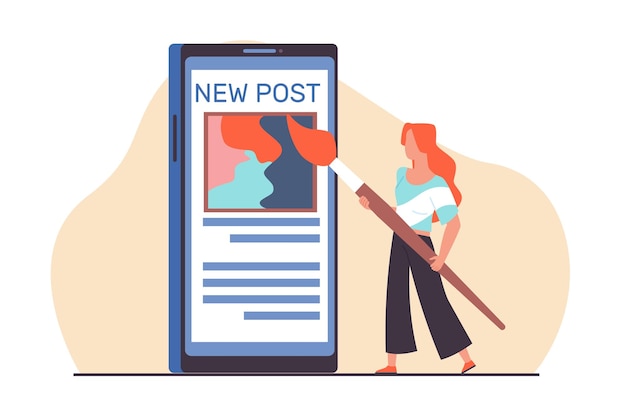 Blogger creëert nieuwe inhoud voor haar blog Vrouw met penseelverf op een enorm smartphone-scherm Jonge vrouw maakt content voor sociale media Online messaging Cartoon platte geïsoleerde vectorconcept