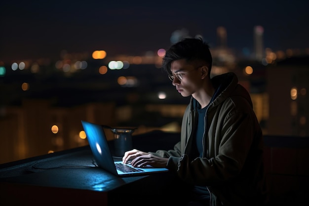 Blogger typt 's avonds op een laptop op het dak van een stad met dramatische verlichting