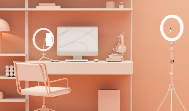 Blogger werkplek met laptop en telefoon op een statief Live stream concept Peach fuzz is trend kleur