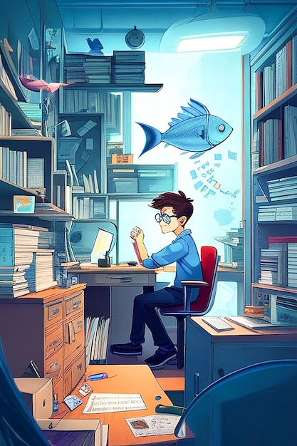иллюстрация концепции ведения блога иллюстрация сцены рабочего дня мультфильма, созданная AI