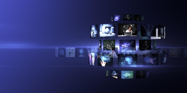 Photo blogging and streaming concept with many digital life style screens on abstract blue background