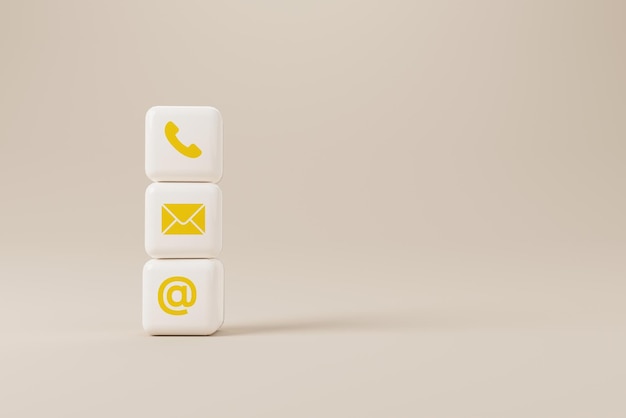 Blok kubus met symbool telefoon e-mailadres Website pagina contact met ons op of e-mail marketing concept 3d render illustratie