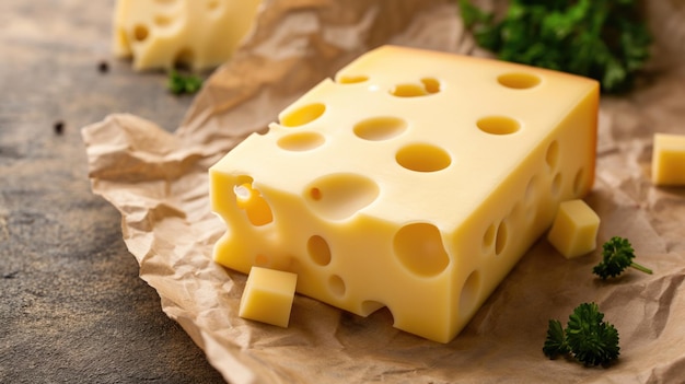 Blok van Zwitserse middelharde gele emmental- of emmentalerkaas met ronde gaten