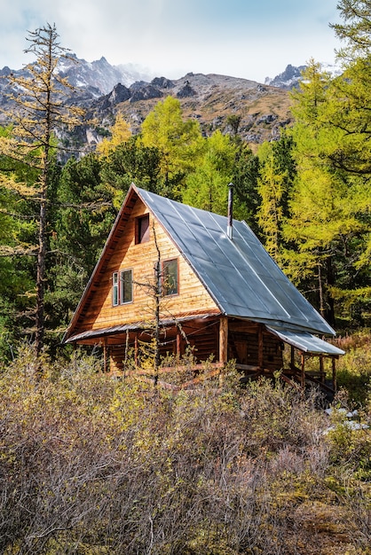 Foto blokhuis in de taiga. klimkamp aktru, altai republiek, rusland