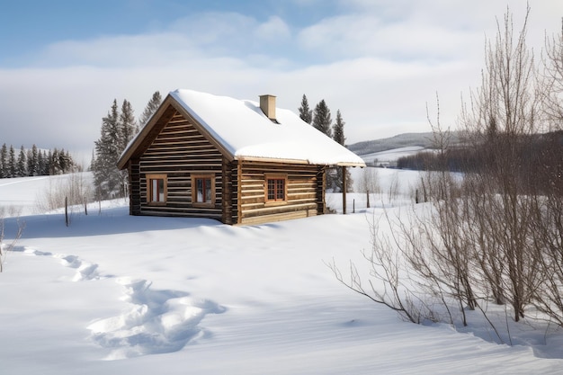 Blokhut omgeven door sneeuw in winterlandschap