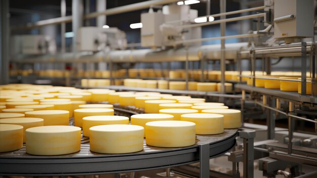 Foto blokjes gele kaas op een transportband in een zuivelfabriek