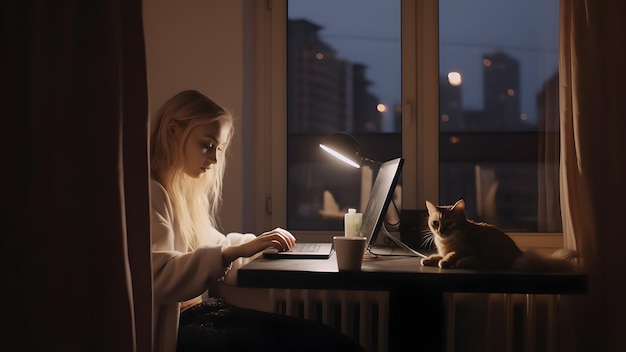 Blond blank meisje met laptop zittend aan werktafel met haar kat in huiskamer of kantoor 's avonds Neuraal netwerk gegenereerd in mei 2023 Niet gebaseerd op een echte persoonsscène of patroon
