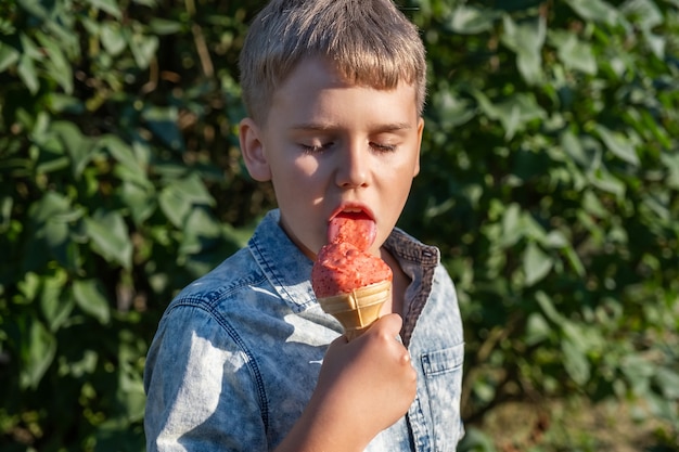 Белокурый мальчик ест клубничное мороженое в парке в теплый солнечный летний день.