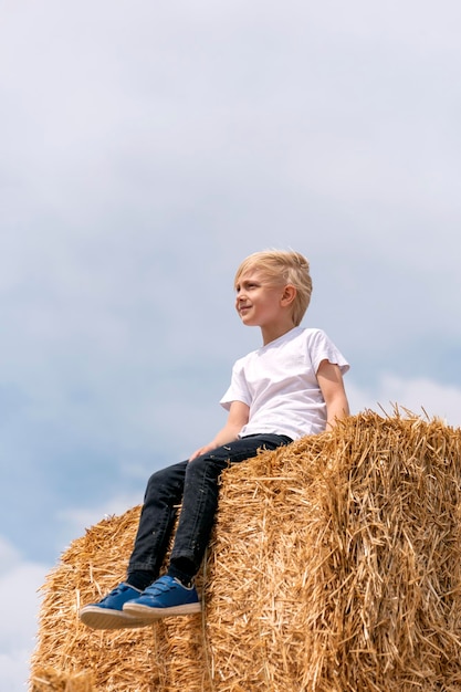 Blond boy in jeans and white Tshirt sits in the hay and looks into the distance Portrait of child on haystack