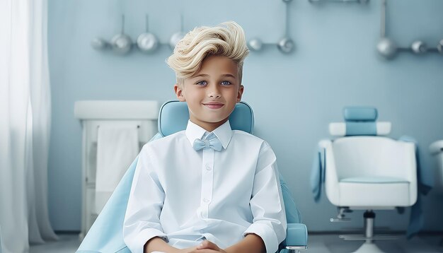 blond boy sitting in a barber shop