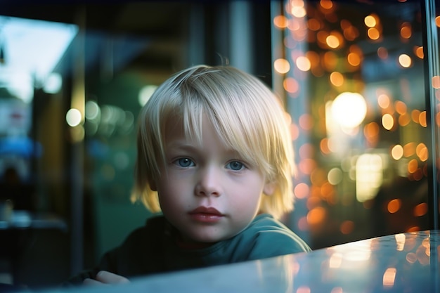 Blond boy sitting by window at sunset Generative AI