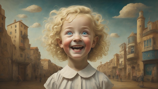 Blond cute happy little kid girl portrait surrealism Generative AI