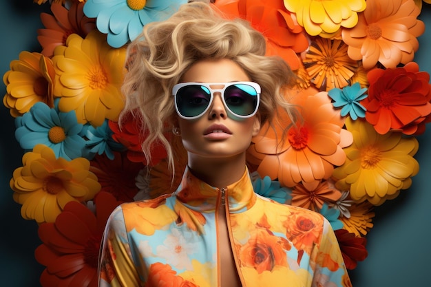 Blond Fashion Woman Wearing Stunning Sunglasses colorful tropical flowers and plants