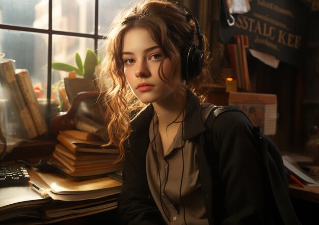 Photo blond female student listening to music while studying
