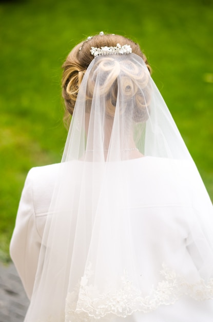 Blond girl in a wedding veil, wedding concept