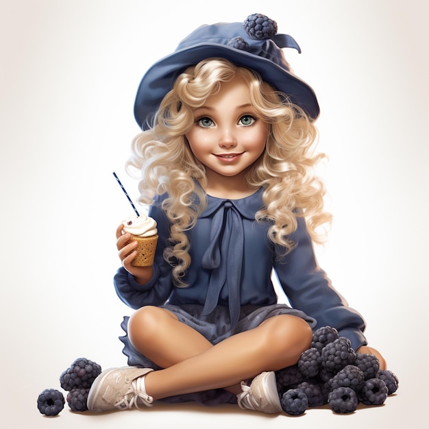 blond girl with blue hat and blue dress sitting on the ground with berries generative ai