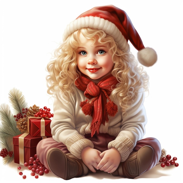 산타 모자를 입은 금발 소녀가 선물과 함께 땅에 앉아 있습니다.