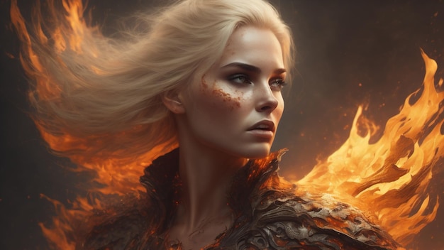 火の生成AIのブロンドの髪の女性