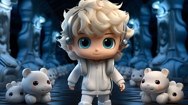 blond haired boy with blue eyes and white coat standing in front of a group of white polar bears Gen