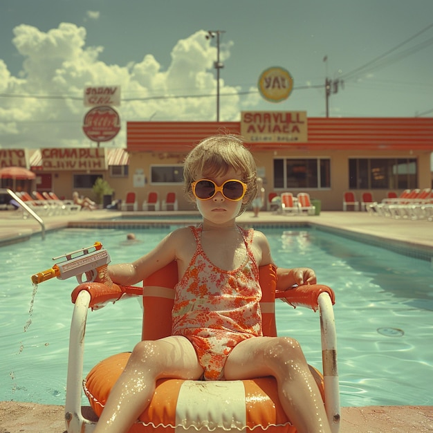 Photo blond haired child sitting in a chair by a pool with a gun generative ai