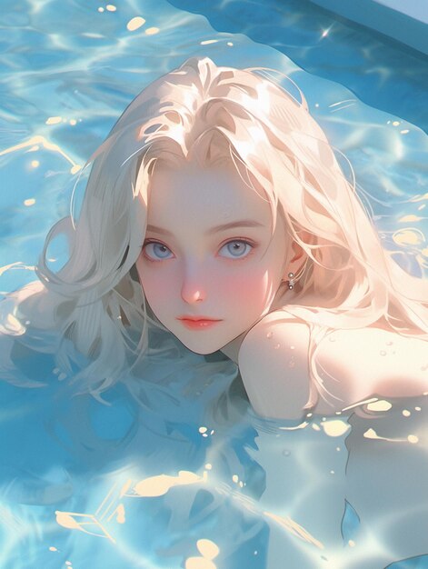 Blond haired girl in a pool with blue eyes generative ai