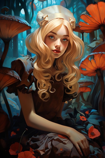 blond haired girl sitting in a forest with mushrooms and mushrooms generative ai